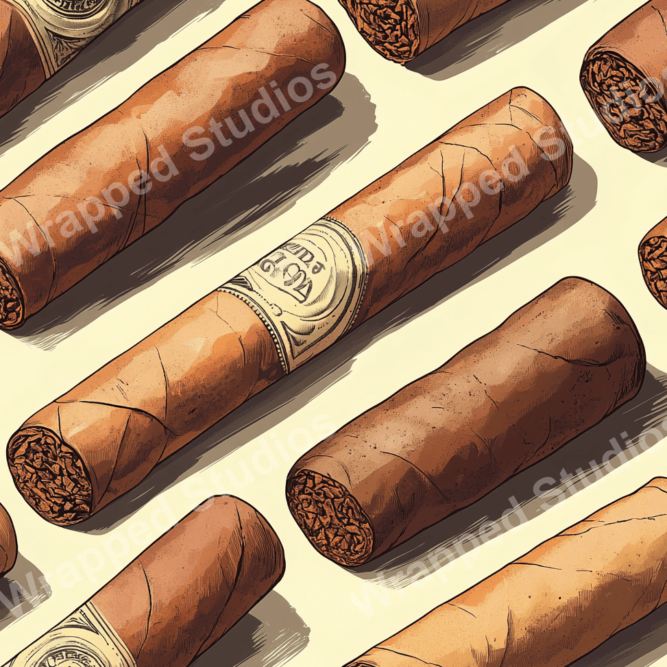 Seamless pattern design of brown cigars with vintage-style labels on a beige background.