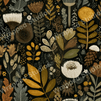 Dark botanical pattern with various leaves, flowers, and fungi in shades of brown, yellow, and green.