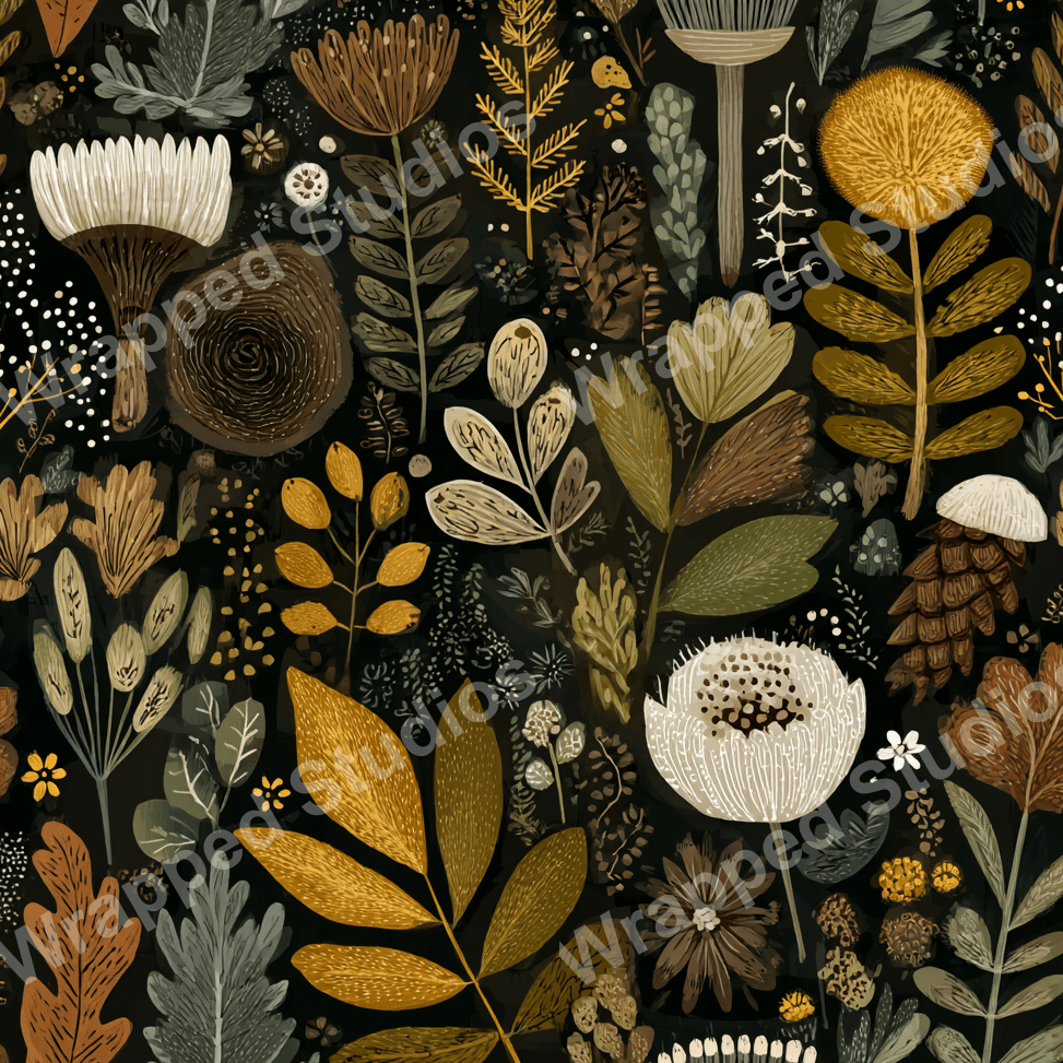 Dark botanical pattern with various leaves, flowers, and fungi in shades of brown, yellow, and green.