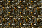 Elegant floral pattern with vintage botanical design in neutral browns, golds, and greens on a black background.