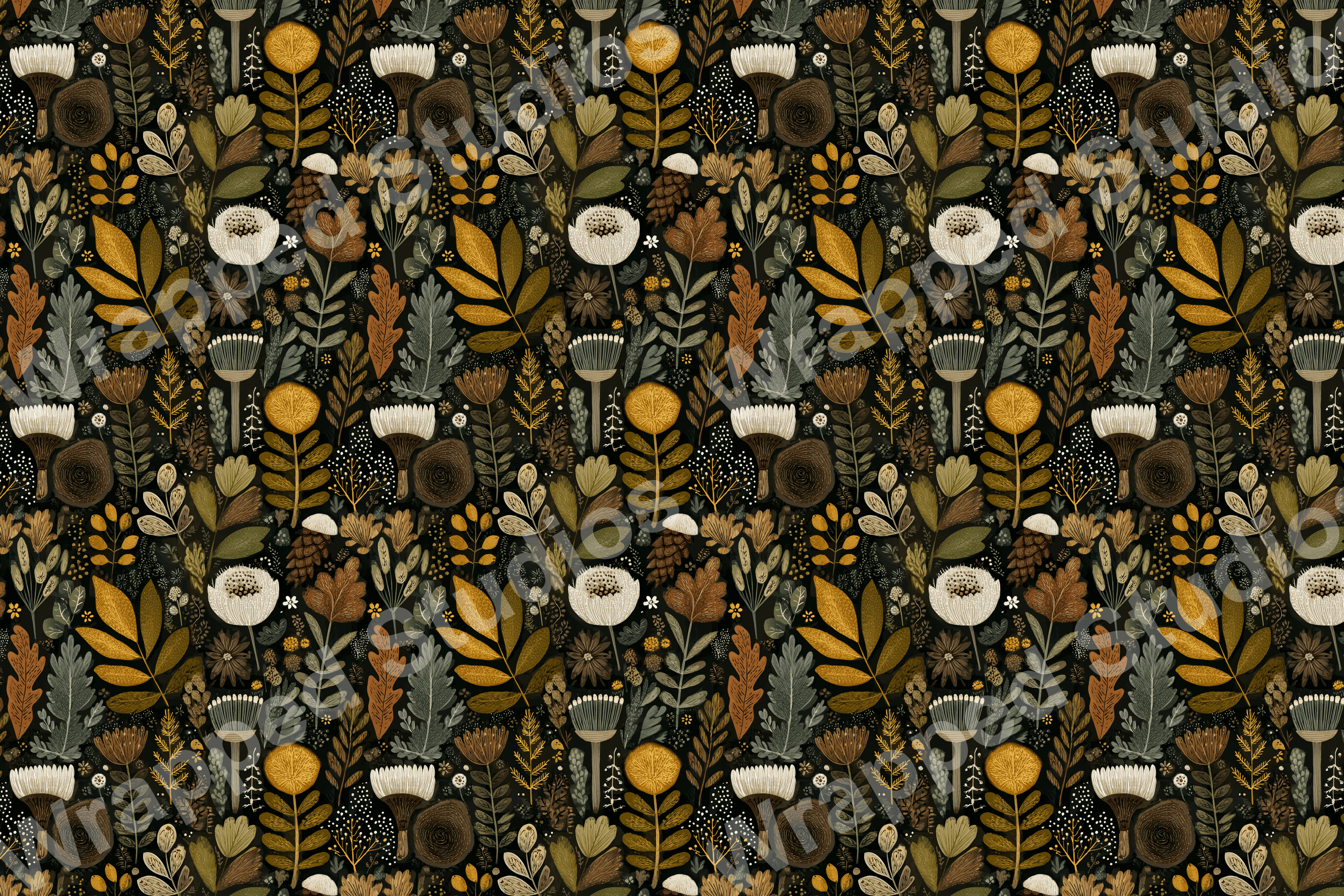 Elegant floral pattern with vintage botanical design in neutral browns, golds, and greens on a black background.
