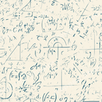 Seamless math formula pattern with hand-drawn blue equations and geometry diagrams on a cream background.