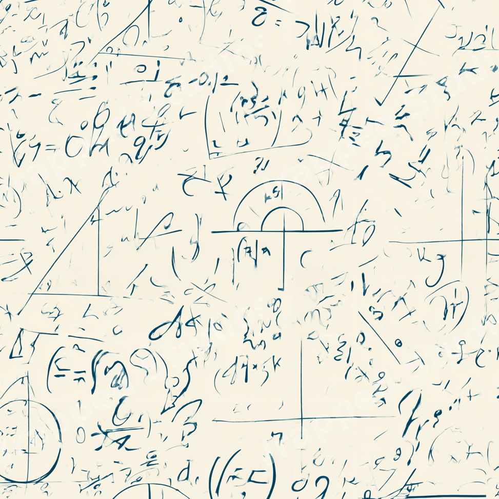 Seamless math formula pattern with hand-drawn blue equations and geometry diagrams on a cream background.