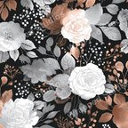 Elegant floral pattern with roses, leaves, and berries in shades of white, gray, and rose gold on a black backdrop.