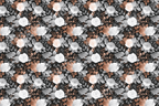 Elegant floral pattern with white, copper, and gray roses and leaves on a black background.