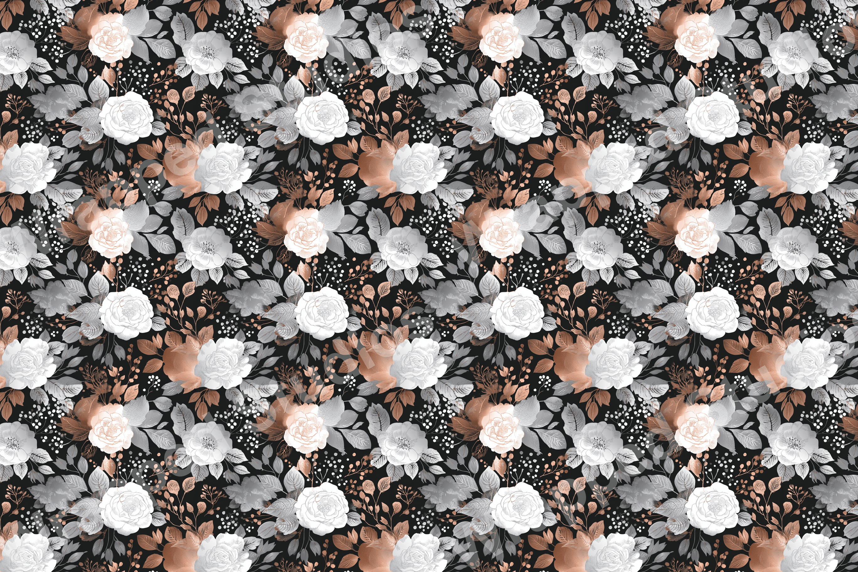 Elegant floral pattern with white, copper, and gray roses and leaves on a black background.