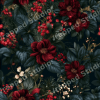 Moody dark floral pattern featuring deep burgundy flowers and winter berries in a vintage botanical design.