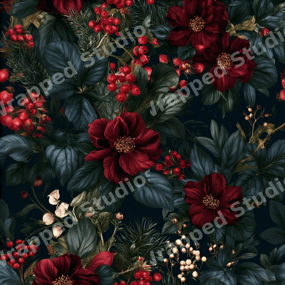 Moody dark floral pattern featuring deep burgundy flowers and winter berries in a vintage botanical design.