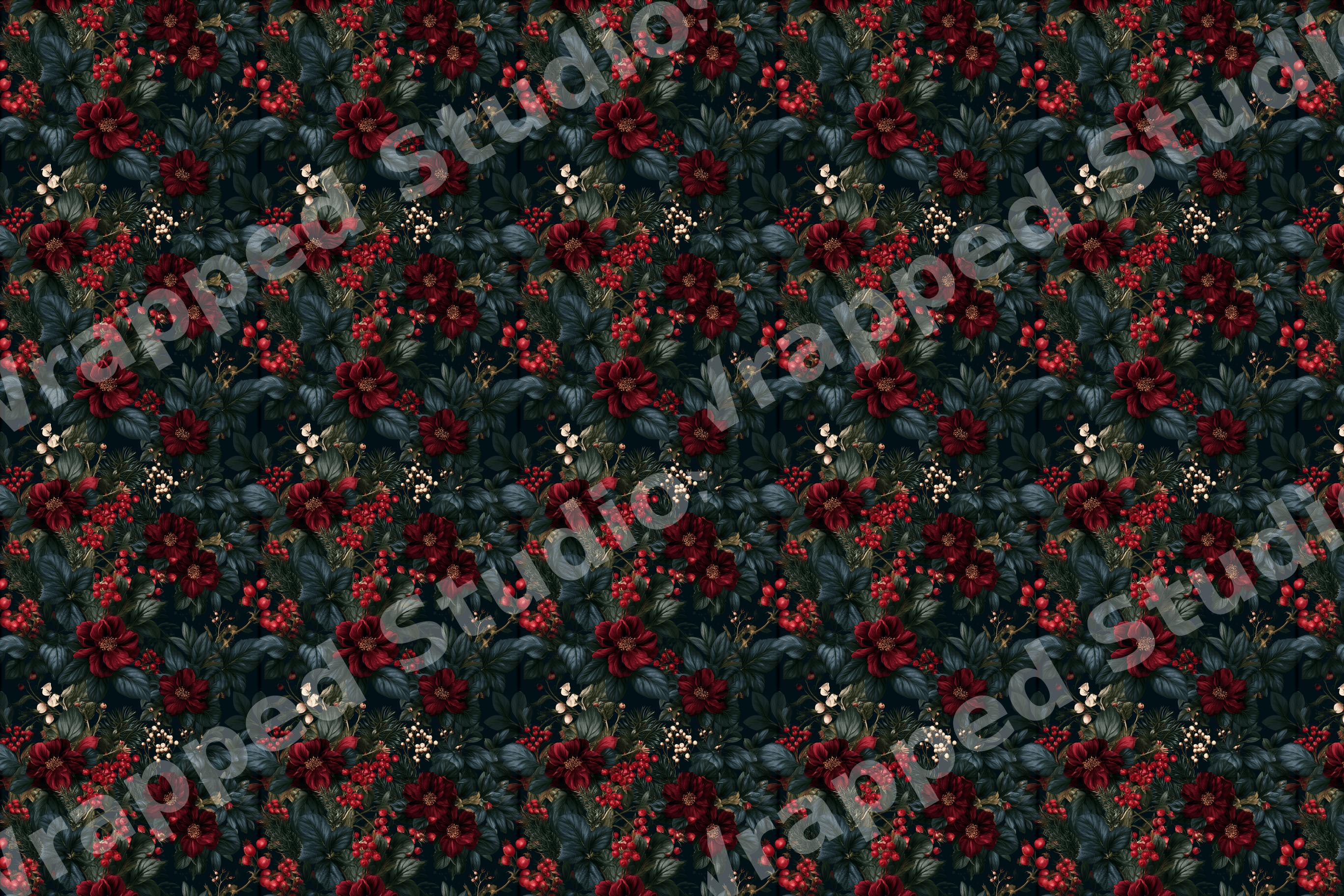 Vintage botanical design with dark red flowers and winter berries on a moody forest green background.