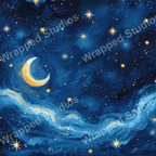 Seamless celestial pattern design with a crescent moon, stars, and watercolor clouds on a navy blue background.
