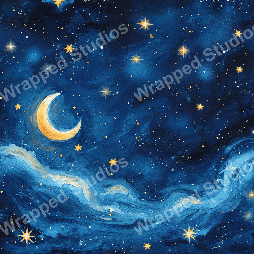 Seamless celestial pattern design with a crescent moon, stars, and watercolor clouds on a navy blue background.