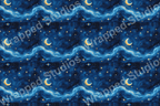 Watercolor celestial pattern with golden moons, stars, and dreamy clouds on a navy blue background.