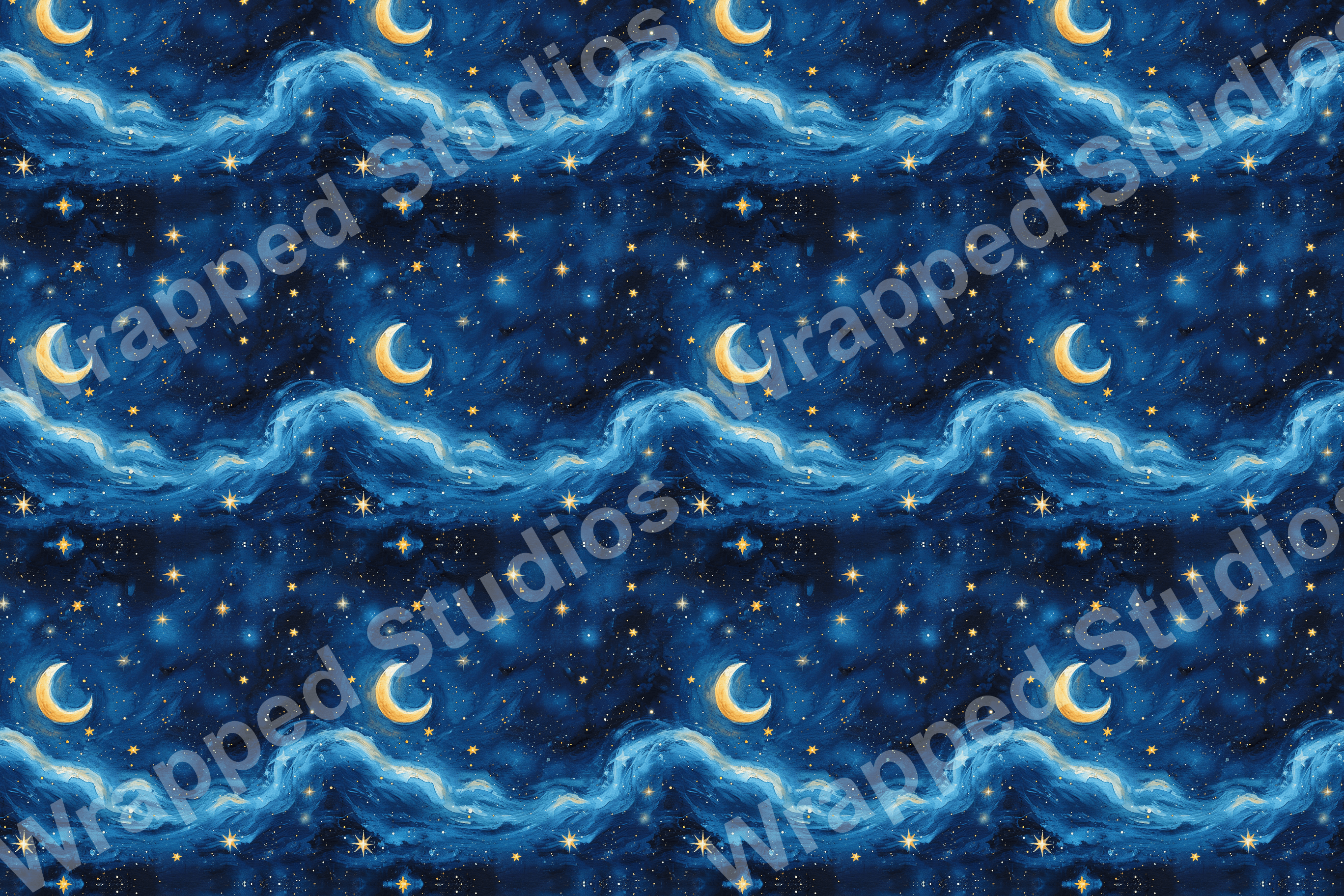 Watercolor celestial pattern with golden moons, stars, and dreamy clouds on a navy blue background.