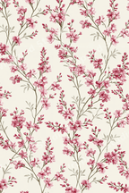 Vintage botanical floral pattern with delicate pink cherry blossom branches on a cream background.