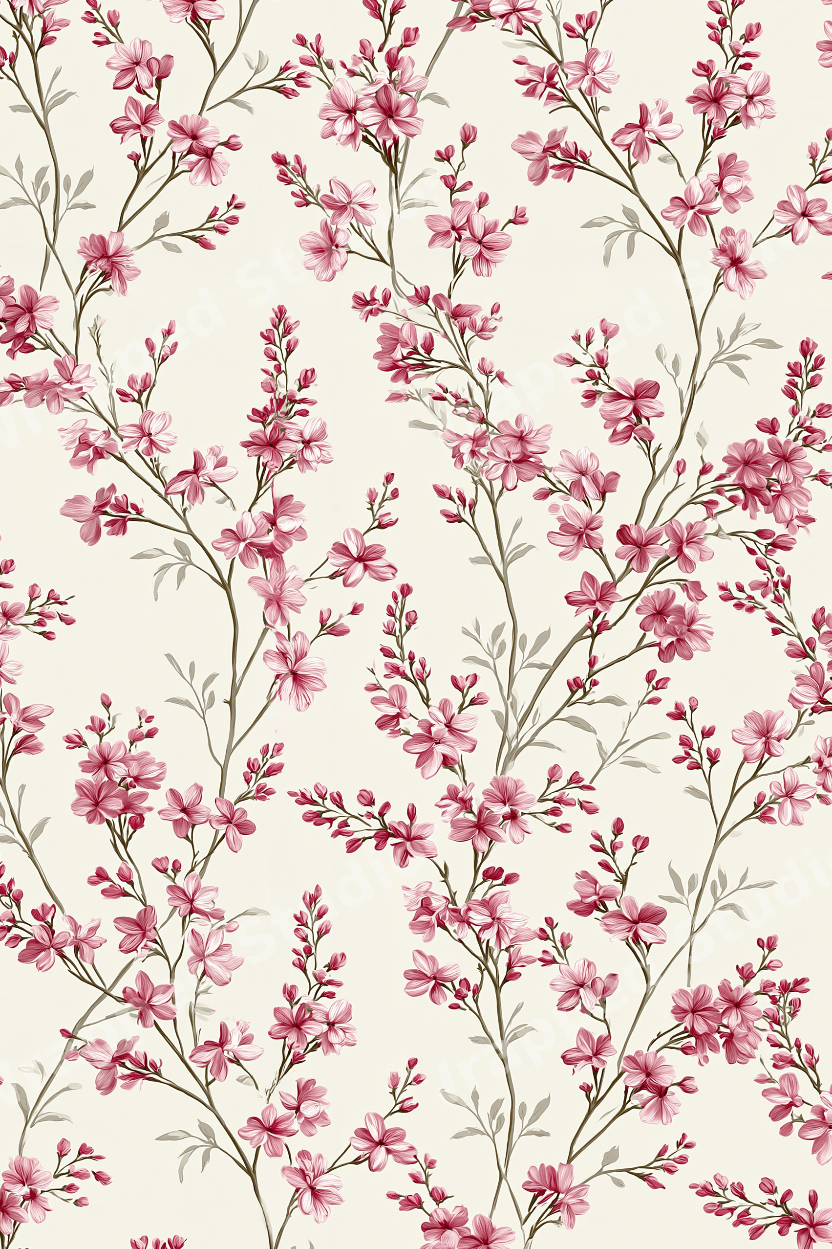 Vintage botanical floral pattern with delicate pink cherry blossom branches on a cream background.