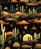 Seamless desert pattern with cacti, stylized suns, and a moon, in warm brown, green, and black tones.