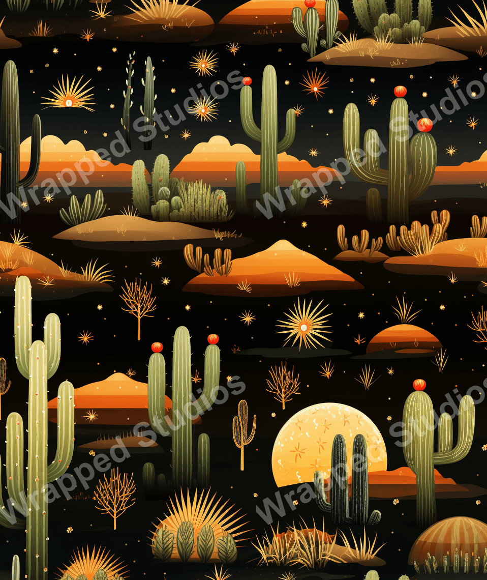 Seamless desert pattern with cacti, stylized suns, and a moon, in warm brown, green, and black tones.
