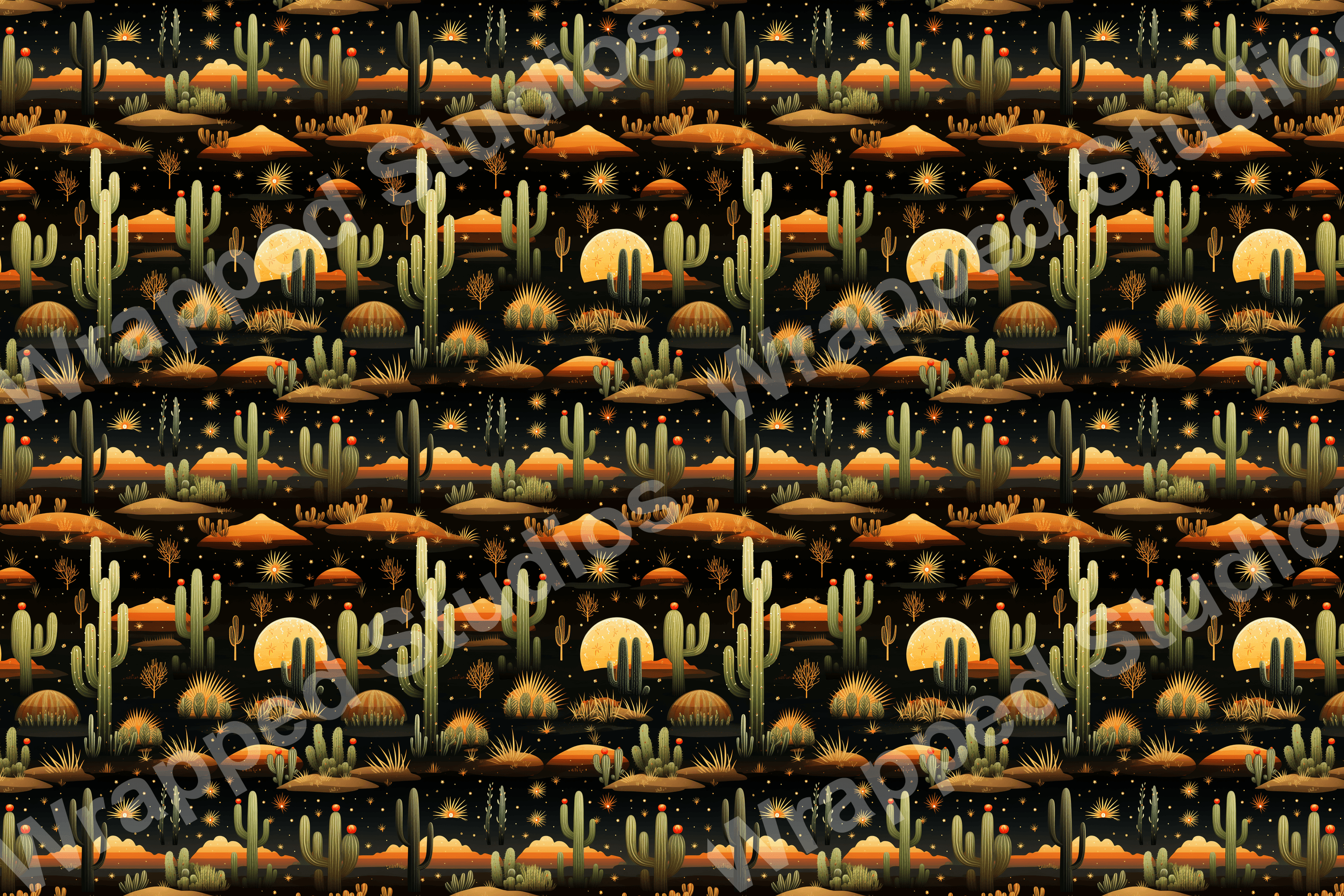 Seamless desert pattern with cacti, sunset colors, and star motifs on a dark ground.