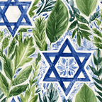 Watercolor Star of David and green botanical leaves seamless pattern.