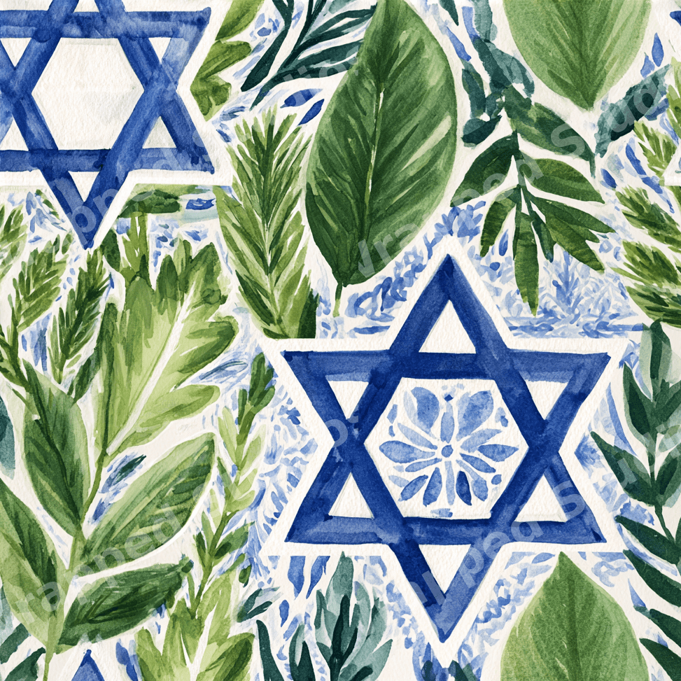 Watercolor Star of David and green botanical leaves seamless pattern.