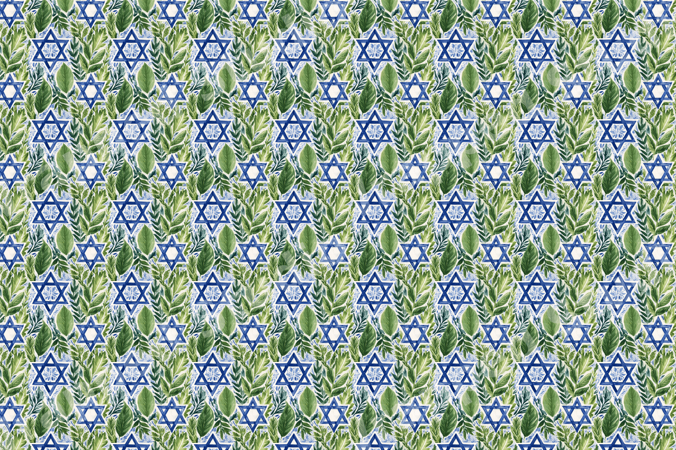 Elegant botanical Hanukkah pattern with blue watercolor Stars of David and green foliage.