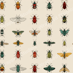Vintage insect pattern with colorful beetles and moths on a light background.