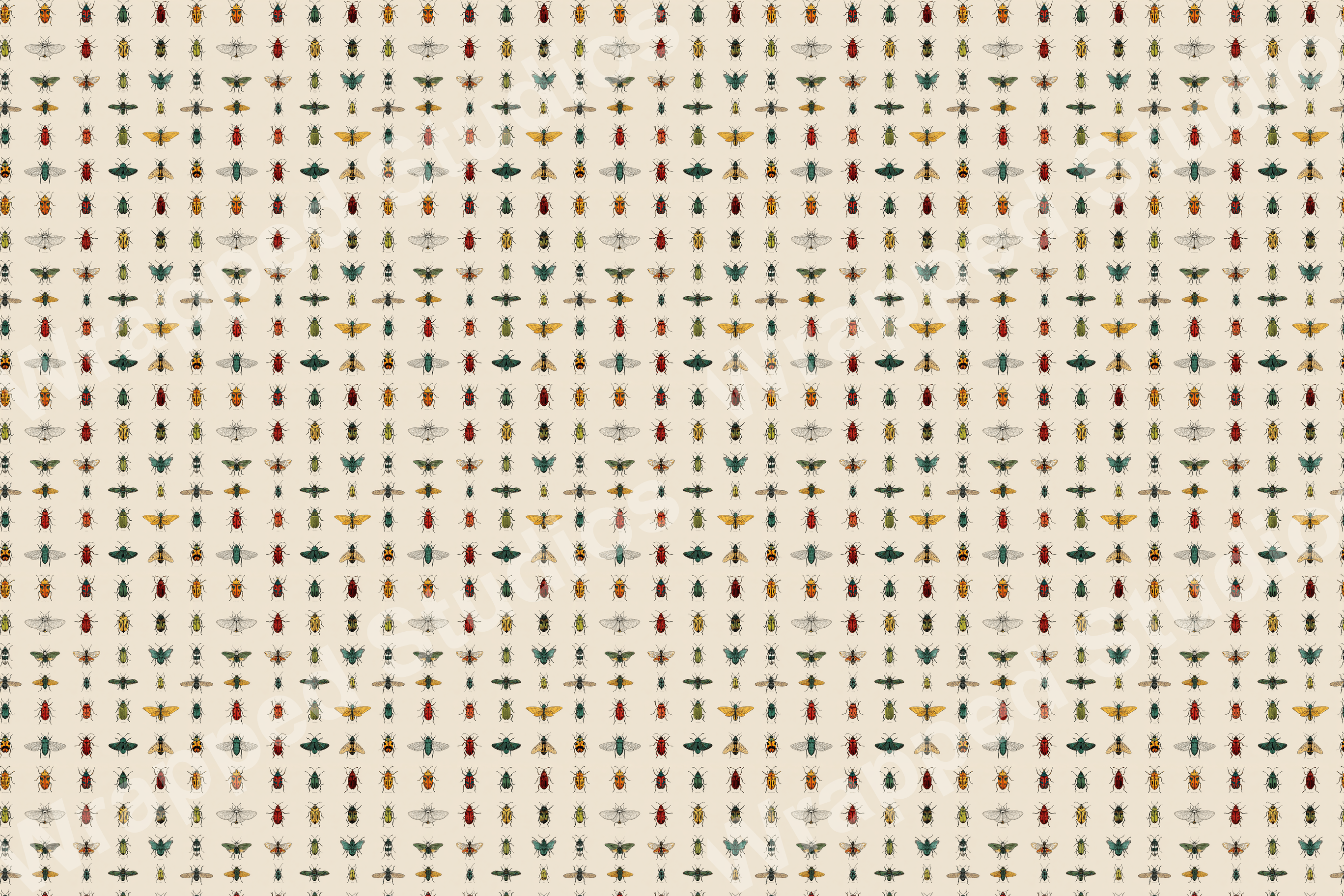 Vintage entomology pattern with colorful beetle, moth, and insect illustrations on a neutral background.