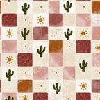Boho desert checkerboard pattern with green cactus and sun illustrations in warm terracotta, pink, and beige.