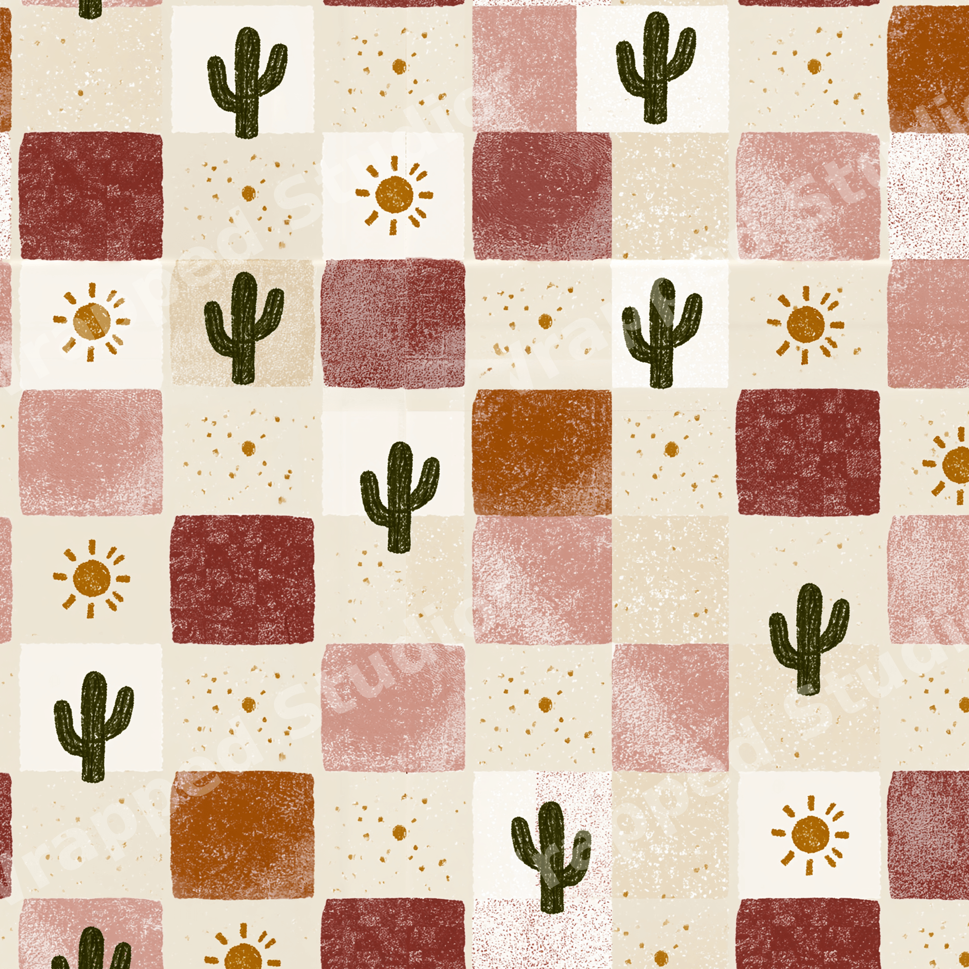 Boho desert checkerboard pattern with green cactus and sun illustrations in warm terracotta, pink, and beige.