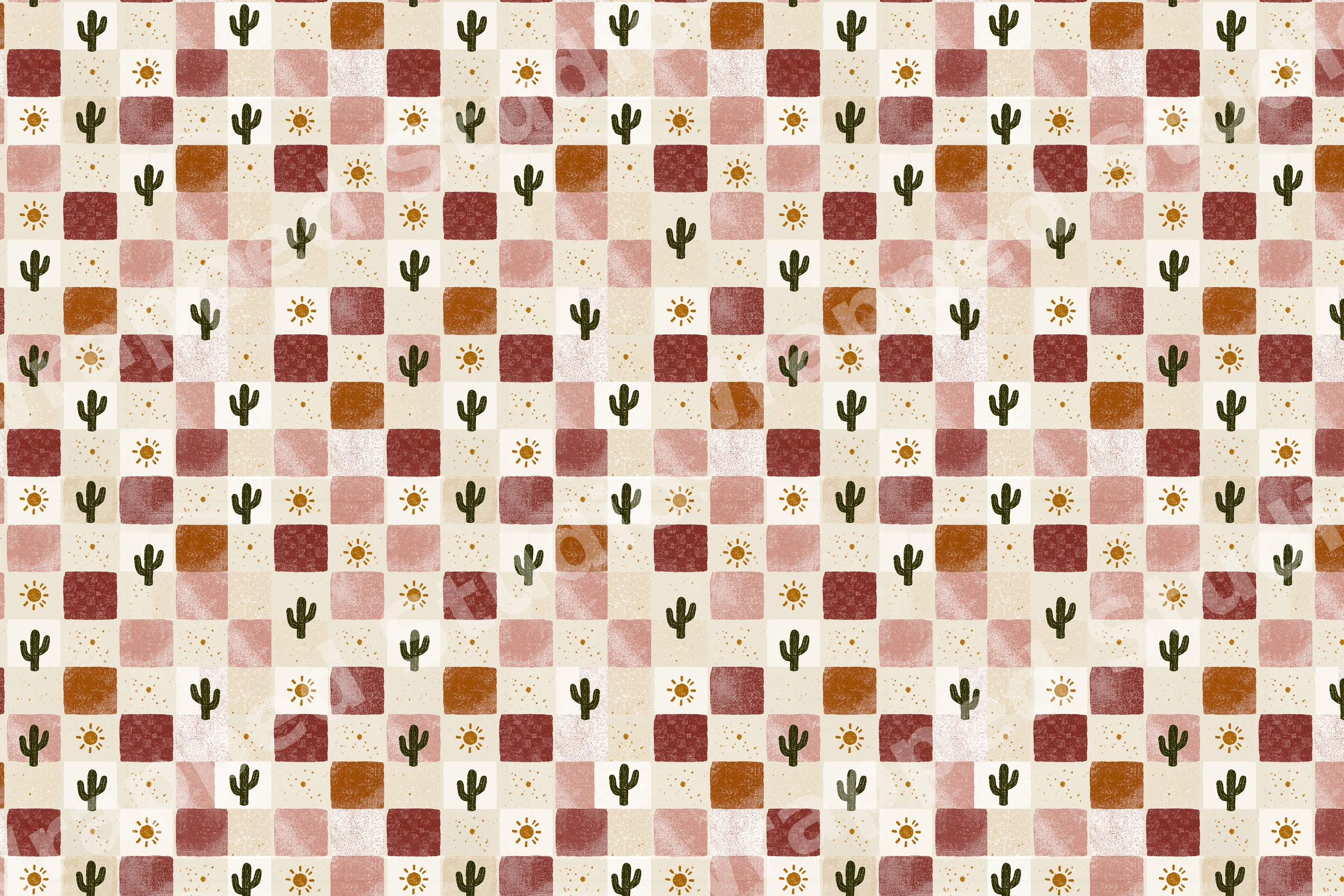 Boho checkerboard pattern with saguaro cactus and sun motifs in earthy terracotta, dusty pink, and cream.