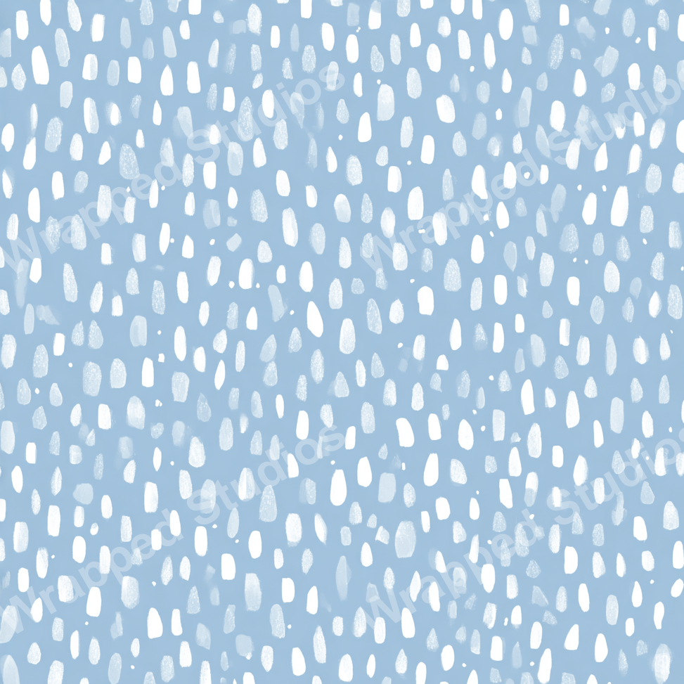 Modern abstract print with white brushstroke dots on a light blue background.