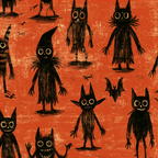 Creepy vintage Halloween pattern with hand-drawn black monsters on a textured orange background.