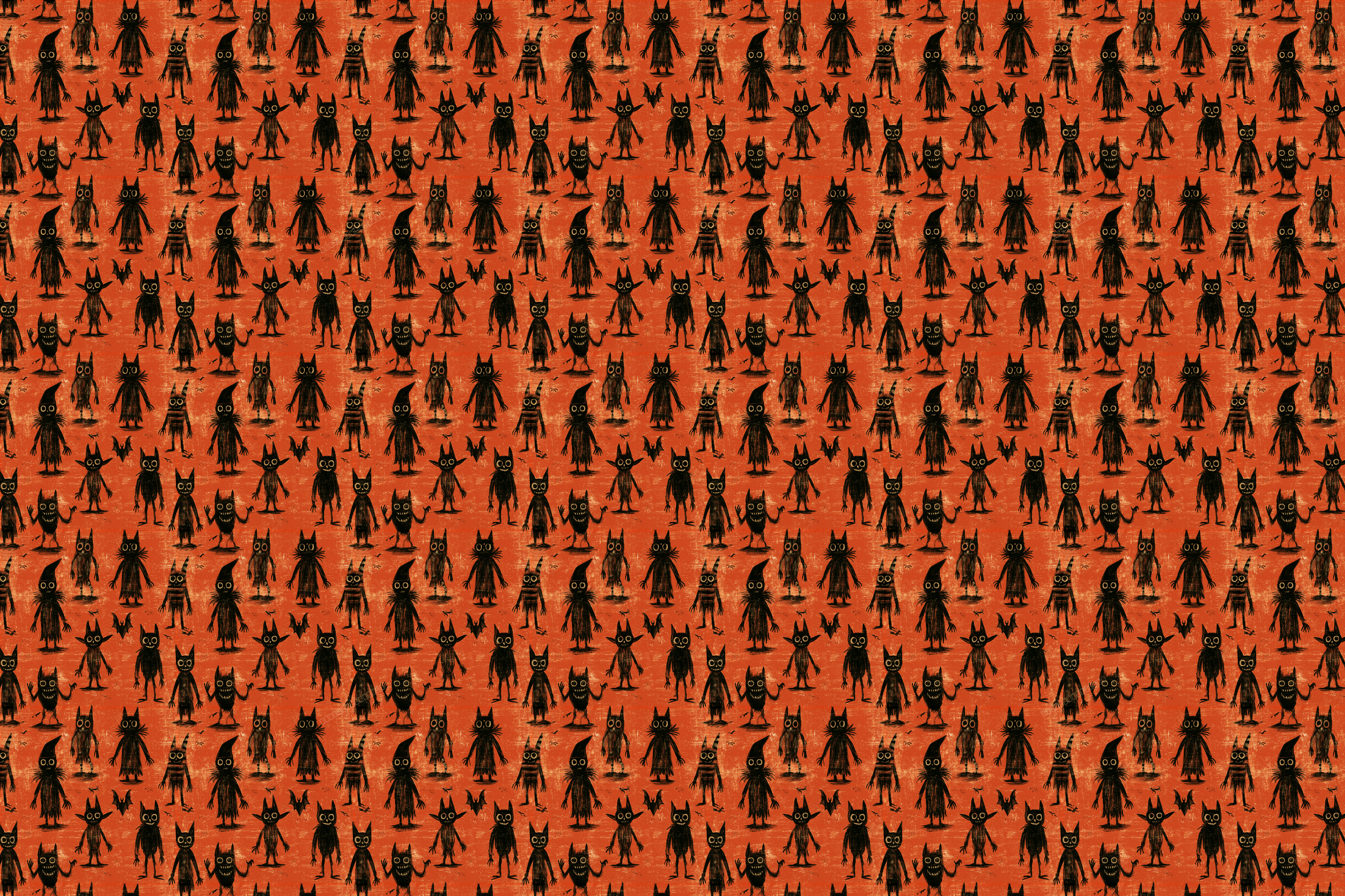 Spooky Halloween pattern featuring hand-drawn black gothic monsters on a textured orange background.