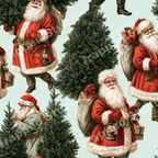 Vintage Christmas pattern featuring classic Santa Claus and pine trees on a pale blue background.