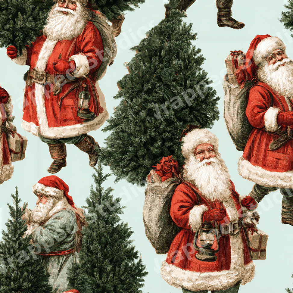 Vintage Christmas pattern featuring classic Santa Claus and pine trees on a pale blue background.