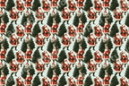 Vintage Santa Claus Christmas pattern with evergreen trees on a light blue background.