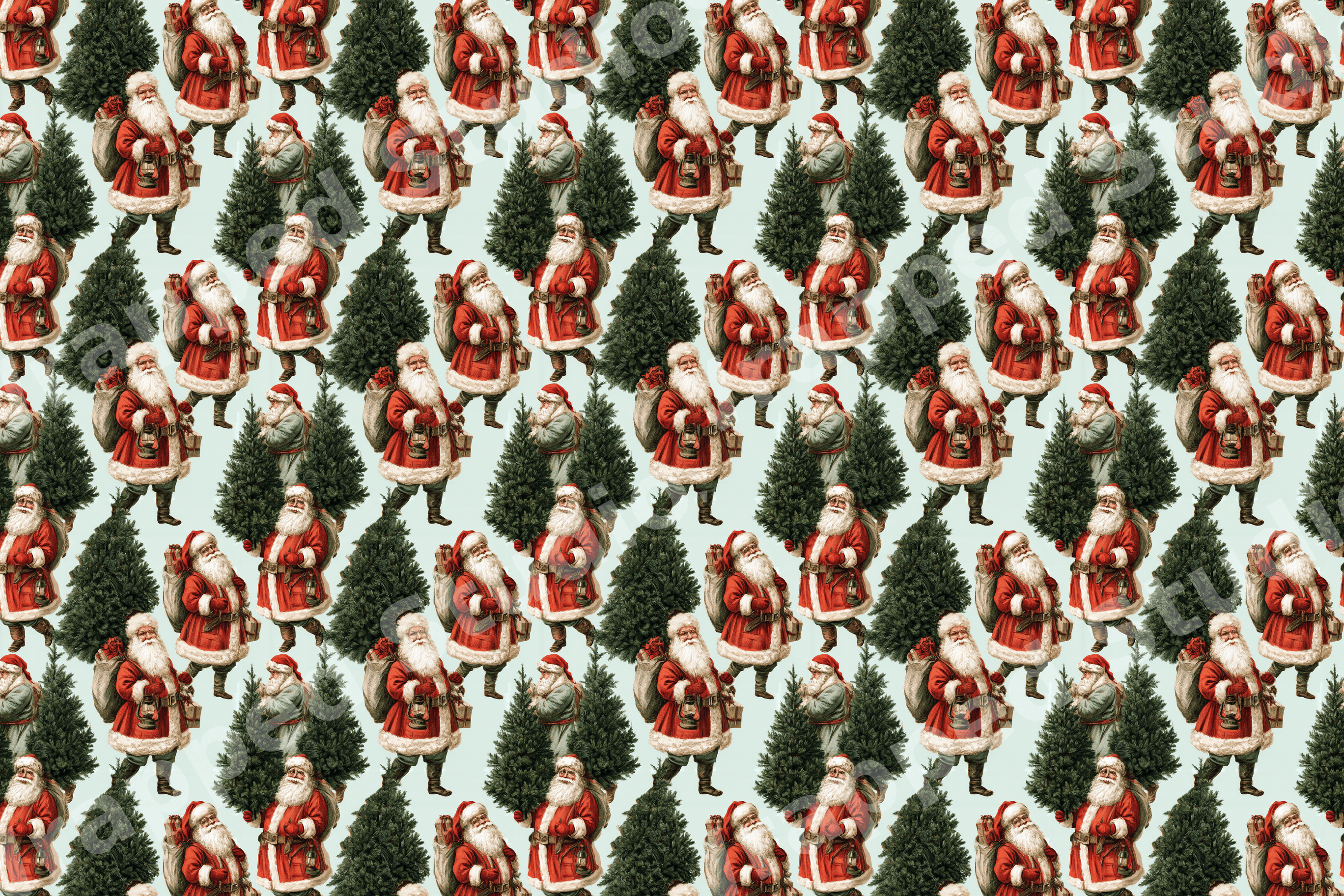 Vintage Santa Claus Christmas pattern with evergreen trees on a light blue background.