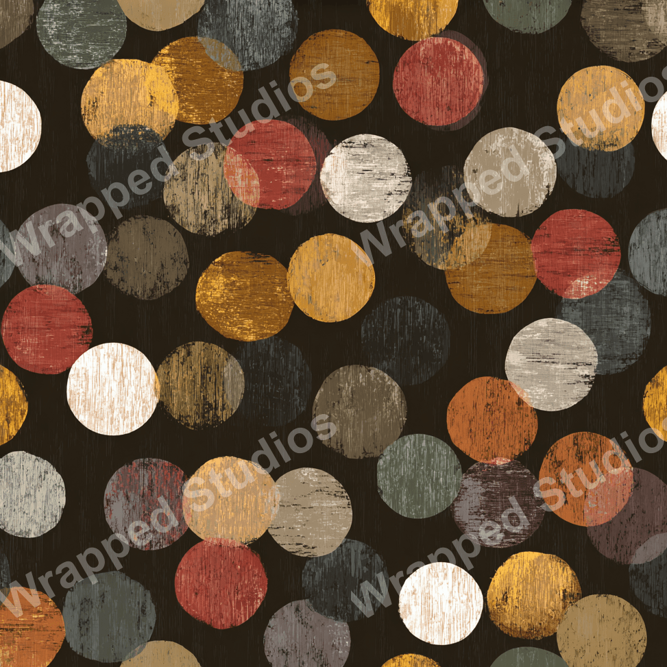 Seamless geometric pattern with overlapping distressed circles in shades of brown, red, gold and gray.