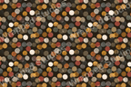 Abstract geometric pattern with overlapping distressed circles in earth tones on a dark background.