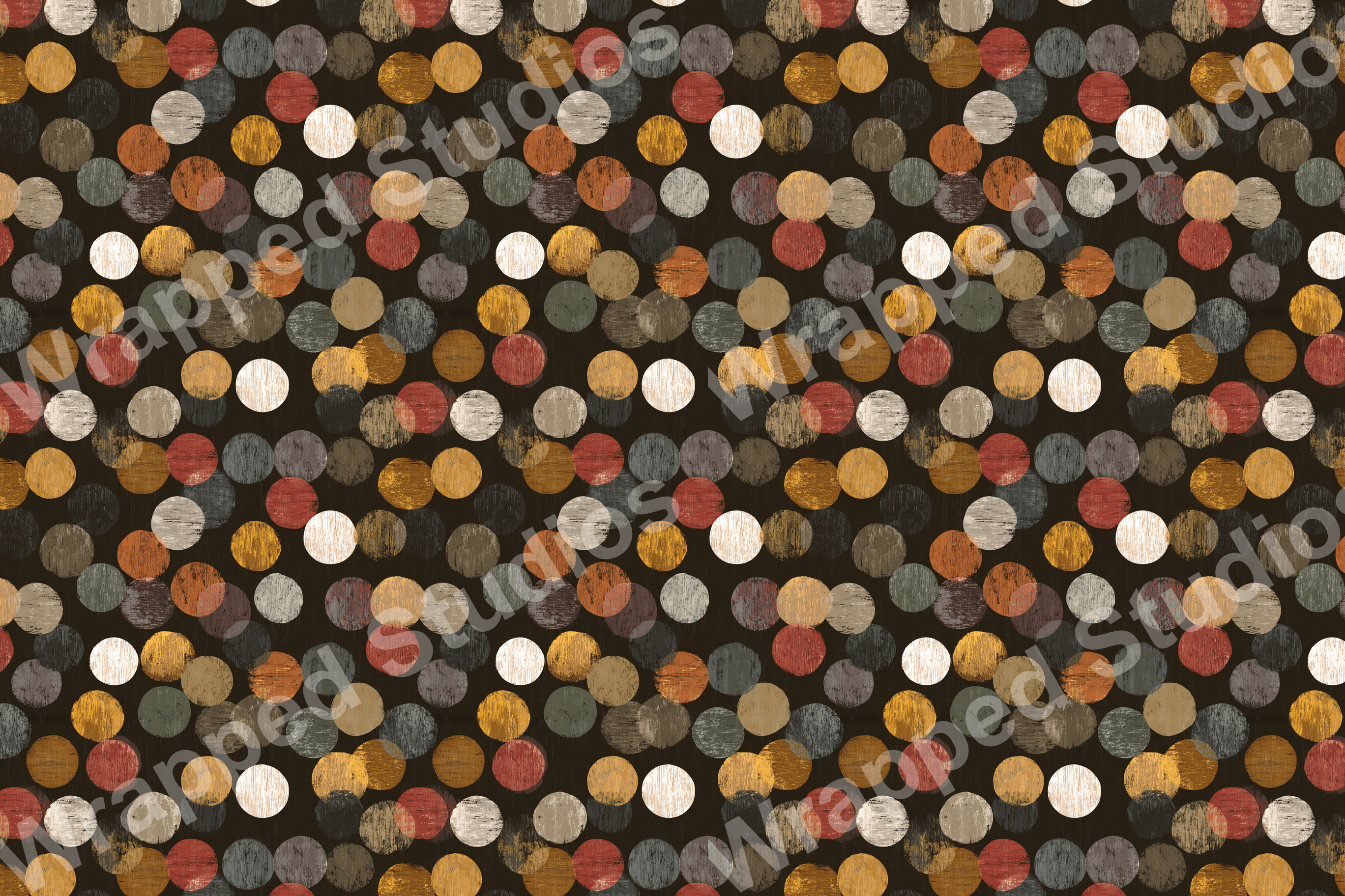 Abstract geometric pattern with overlapping distressed circles in earth tones on a dark background.