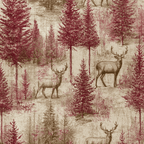Vintage forest toile pattern featuring sketched deer and pine trees in burgundy and beige.