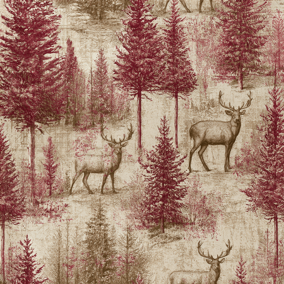 Vintage forest toile pattern featuring sketched deer and pine trees in burgundy and beige.