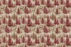 Vintage woodland pattern with burgundy pine trees and rustic deer on a beige textured background.