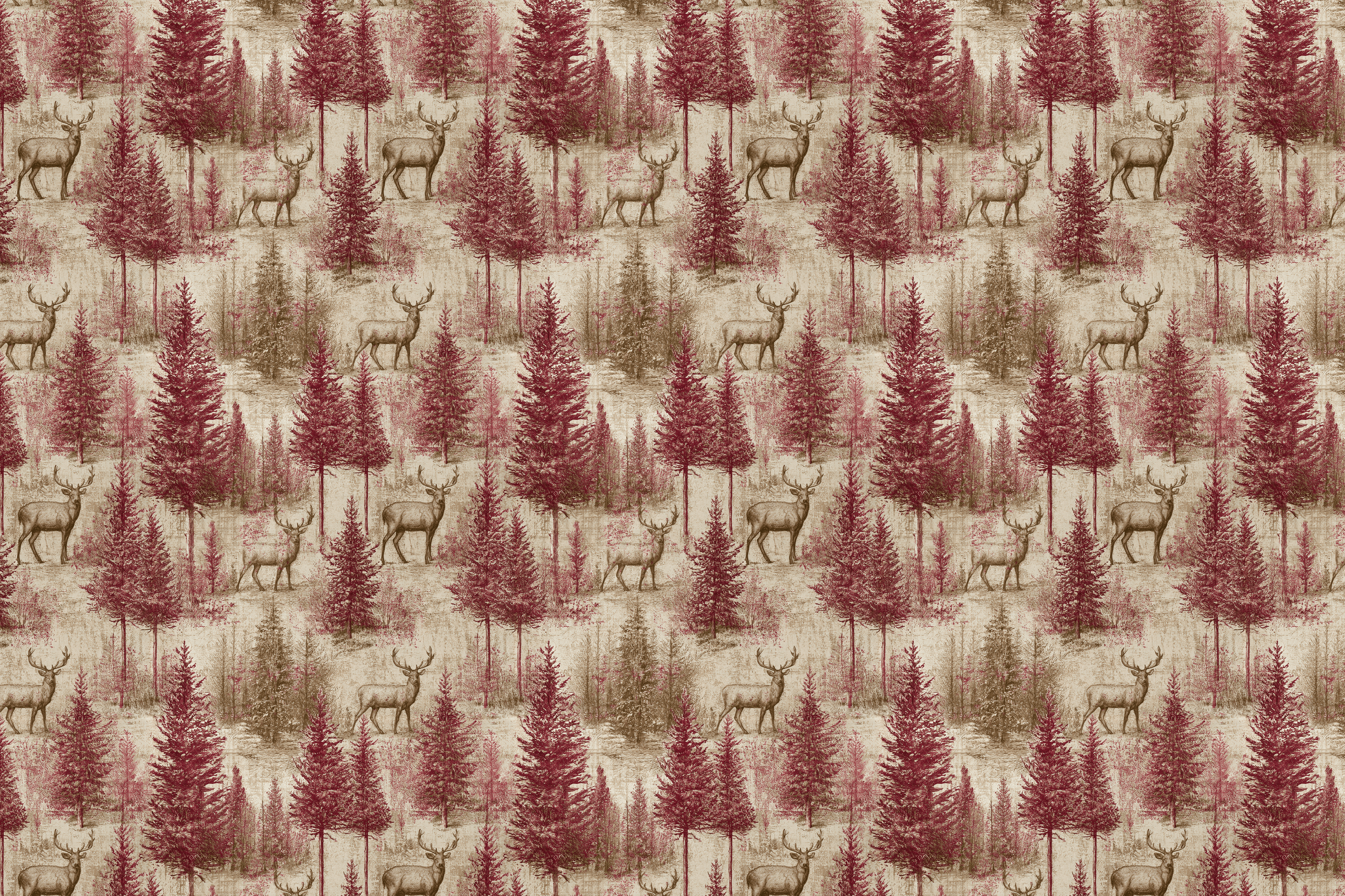 Vintage woodland pattern with burgundy pine trees and rustic deer on a beige textured background.