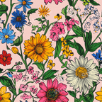 Colorful floral pattern with a pink background, featuring yellow, pink, blue, and white botanical designs.