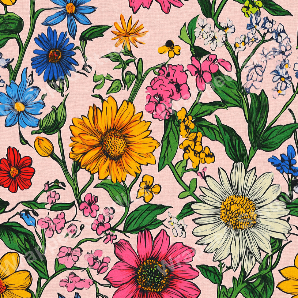 Colorful floral pattern with a pink background, featuring yellow, pink, blue, and white botanical designs.
