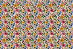 Colorful floral pattern with daisies, small flowers, and green foliage on a light pink background.