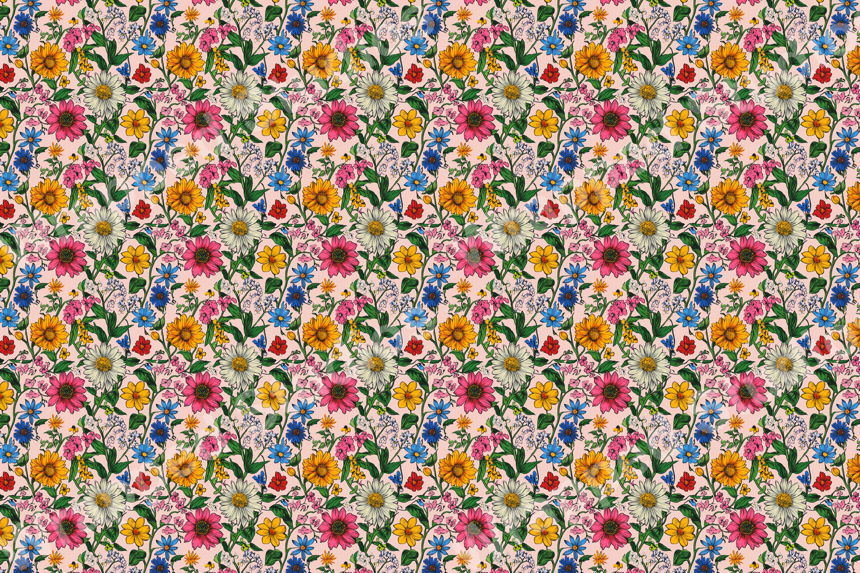 Colorful floral pattern with daisies, small flowers, and green foliage on a light pink background.