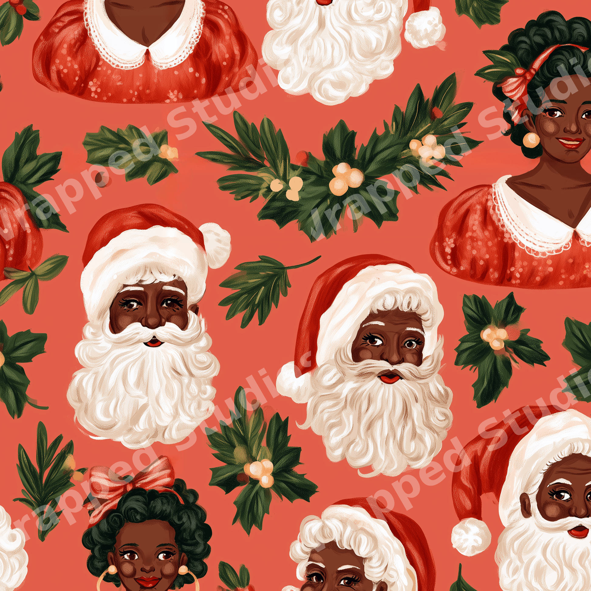 Vintage Black Santa and Mrs. Claus Christmas pattern with holly leaves on a warm red background.