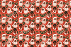 Festive Black Santa and Mrs. Claus Christmas pattern with green holly on a warm red background.